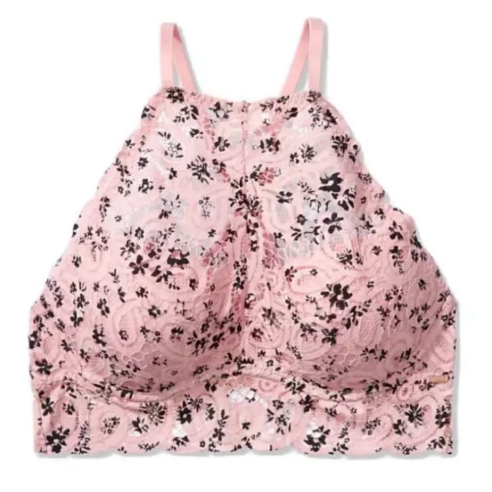 Victorias Secret PINK Push Up Padded High Neck Floral Lace Bralette bra pink L